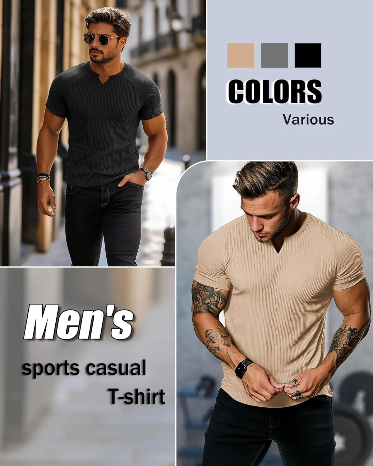 Neer 3 Pack Men's Short Sleeve T-Shirts V Neck Ribbed Slim Fit Longline Henley Muscle Tops Raglan Sleeve Casual Basic Tee