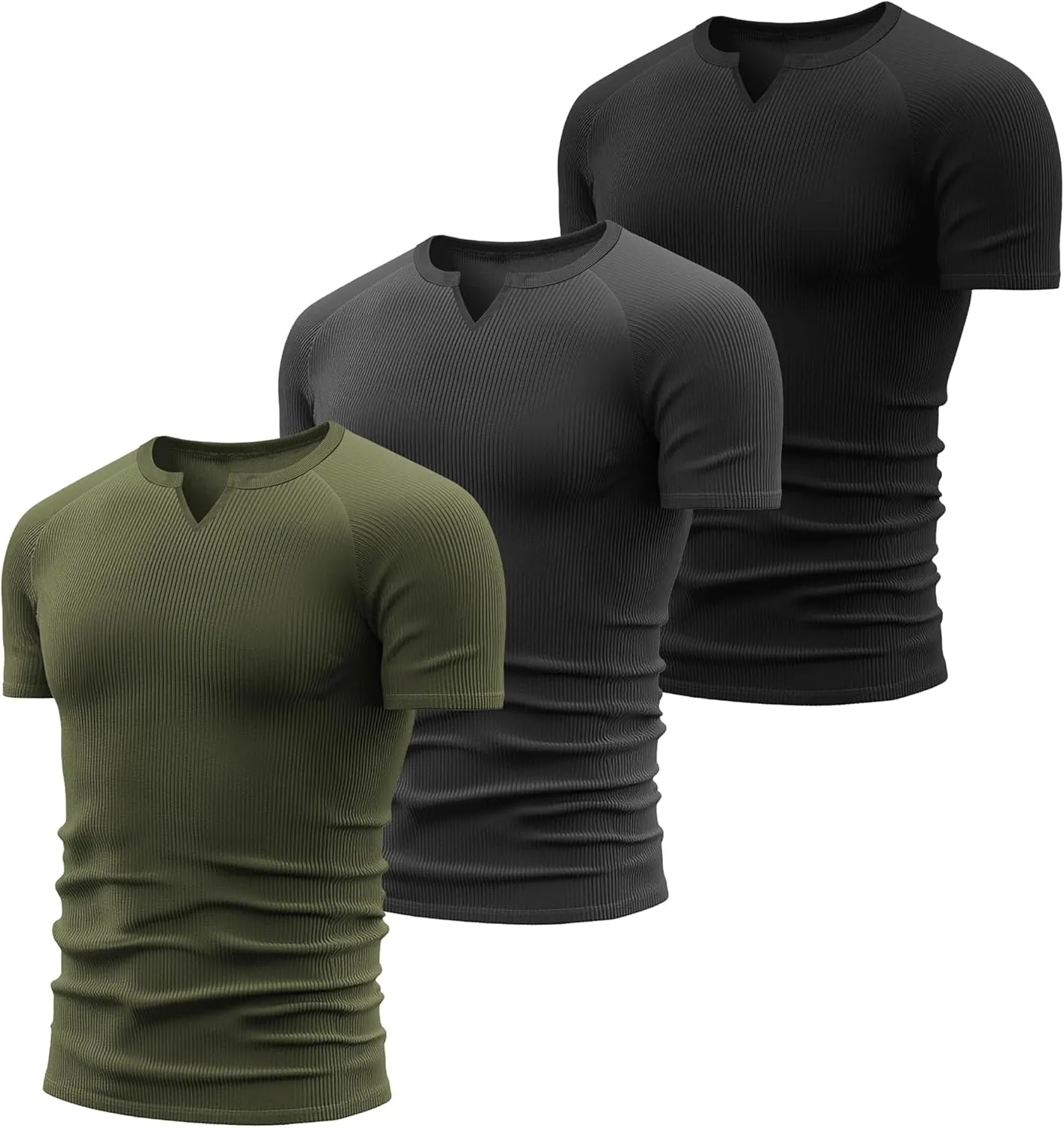 Neer 3 Pack Men's Short Sleeve T-Shirts V Neck Ribbed Slim Fit Longline Henley Muscle Tops Raglan Sleeve Casual Basic Tee
