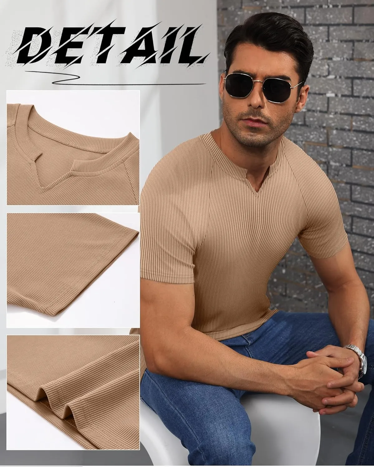 Neer 3 Pack Men's Short Sleeve T-Shirts V Neck Ribbed Slim Fit Longline Henley Muscle Tops Raglan Sleeve Casual Basic Tee