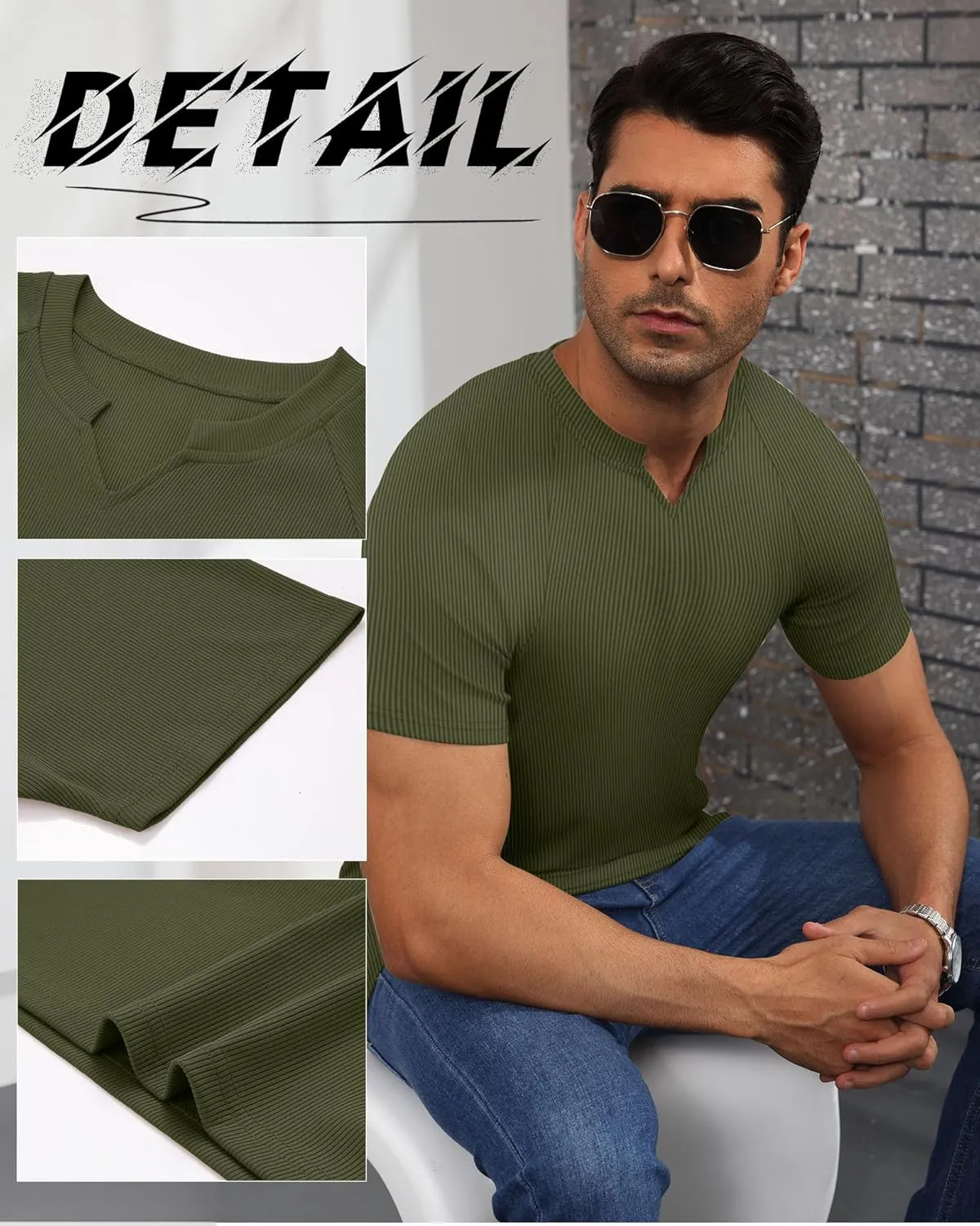 Neer 3 Pack Men's Short Sleeve T-Shirts V Neck Ribbed Slim Fit Longline Henley Muscle Tops Raglan Sleeve Casual Basic Tee