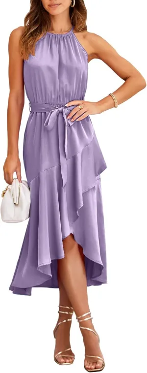 NOLLSOM Women's 2023 Summer Satin Dress Sleeveless Halter Neck Wrap Ruffle Dresses with Belt Solid Color Cocktail Maxi Dress