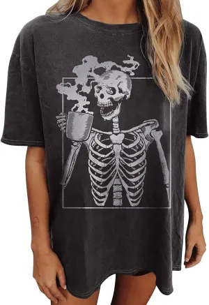 Oversized Graphic Tees for Women Black Vintage Skeleton Skull Shirts Cotton Baggy Crew Neck T Shirt Grunge Loose Tops