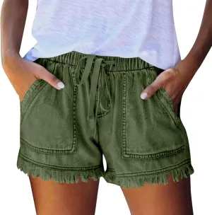 Palaver Women Jean Shorts Elastic Waist Drawstring Denim Shorts Summer Casual Raw Hem Distressed Jeans Short with Pockets