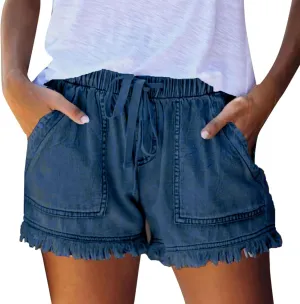 Palaver Women Jean Shorts Elastic Waist Drawstring Denim Shorts Summer Casual Raw Hem Distressed Jeans Short with Pockets