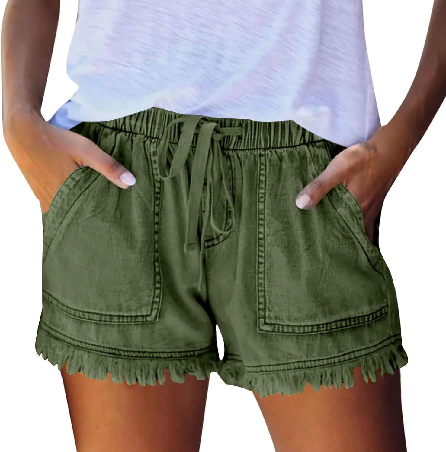 Palaver Women Jean Shorts Elastic Waist Drawstring Denim Shorts Summer Casual Raw Hem Distressed Jeans Short with Pockets