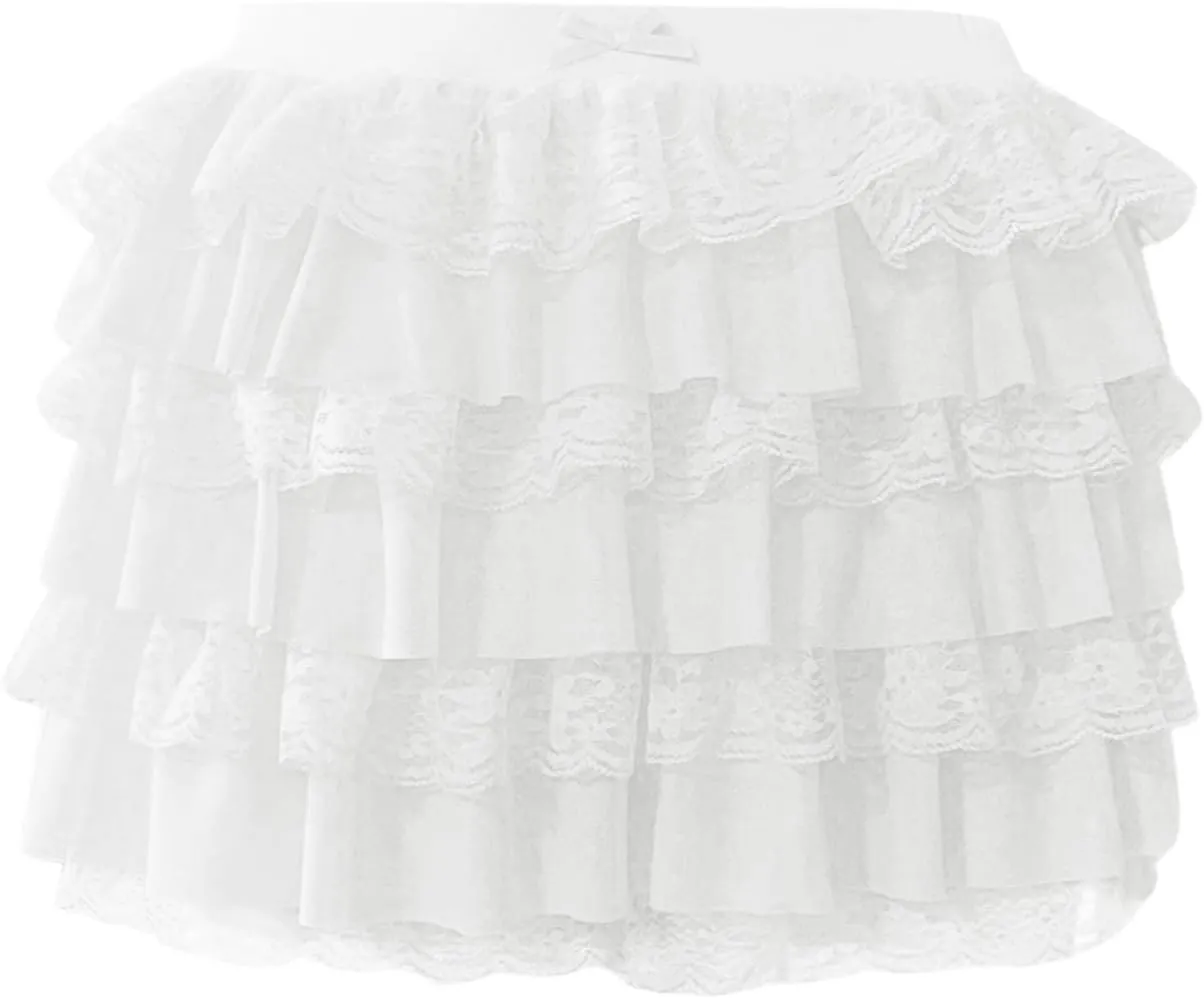 Pleated Mini Skirt for Summer Vacation Elastic Waist Patchwork Lace Sheer Hem Ruffles Mini Skirts for Girls Streetwear