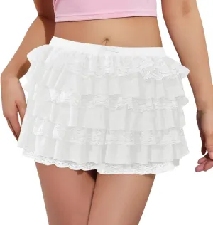 Pleated Mini Skirt for Summer Vacation Elastic Waist Patchwork Lace Sheer Hem Ruffles Mini Skirts for Girls Streetwear
