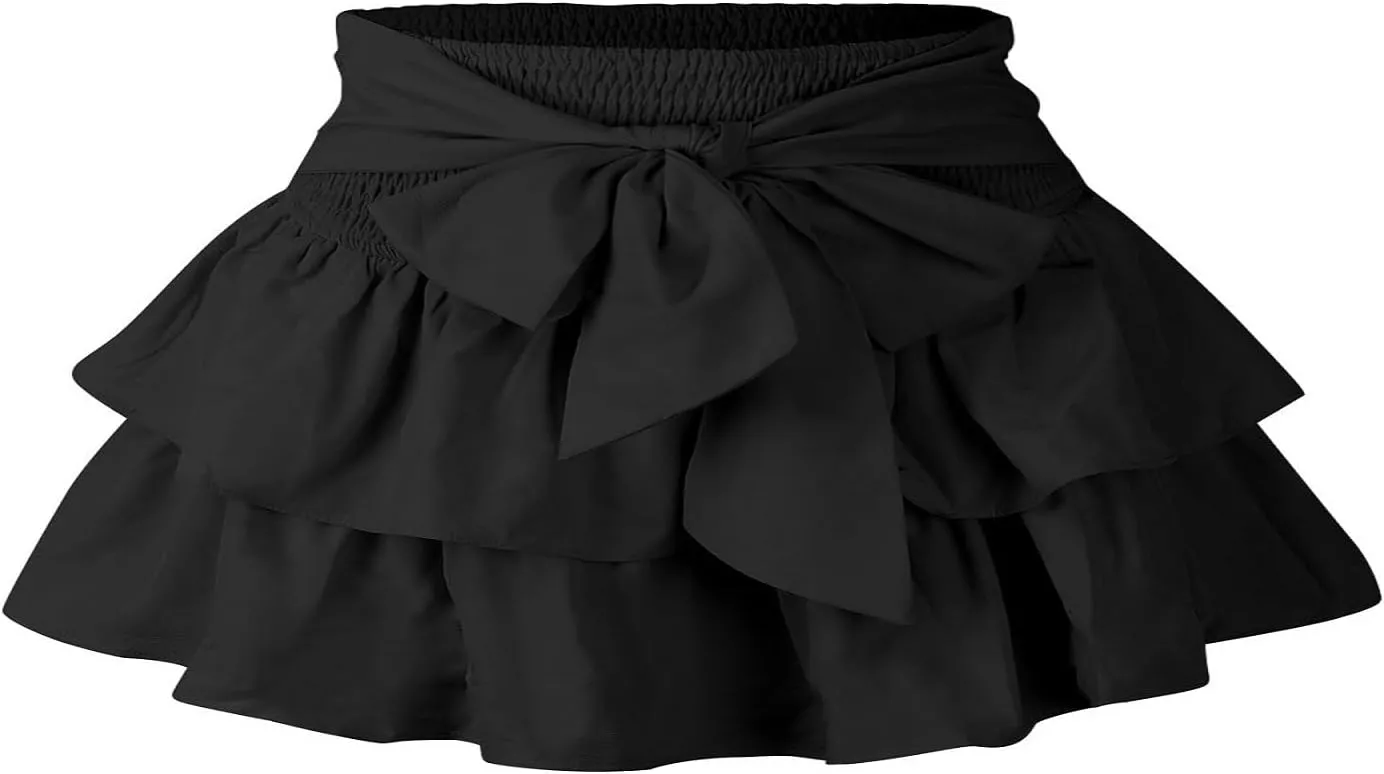 Pleated Skirt Plus Size Women High Waist Tummy Control Double Ruffles A-Line Pleated Casual Mini Skirts for Women