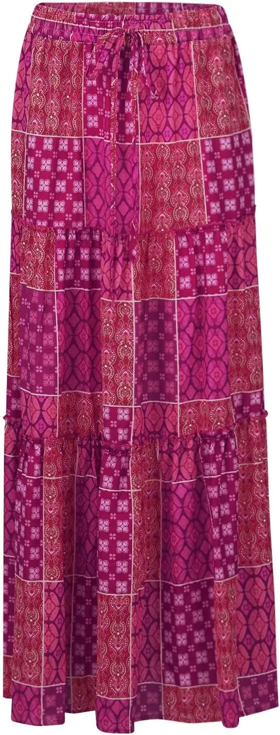 Pleated Skirts for Women,Elastic High Waist Drawstring Boho Flowy Maxi Skirts Trendy 2025 Summer Vacation