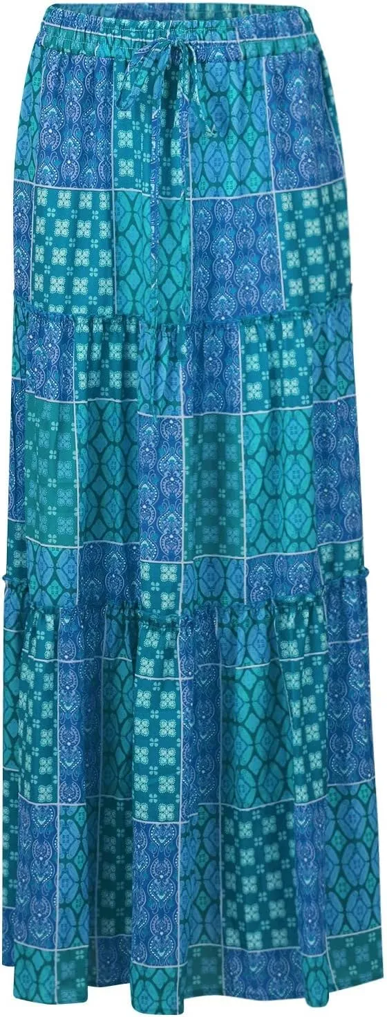Pleated Skirts for Women,Elastic High Waist Drawstring Boho Flowy Maxi Skirts Trendy 2025 Summer Vacation