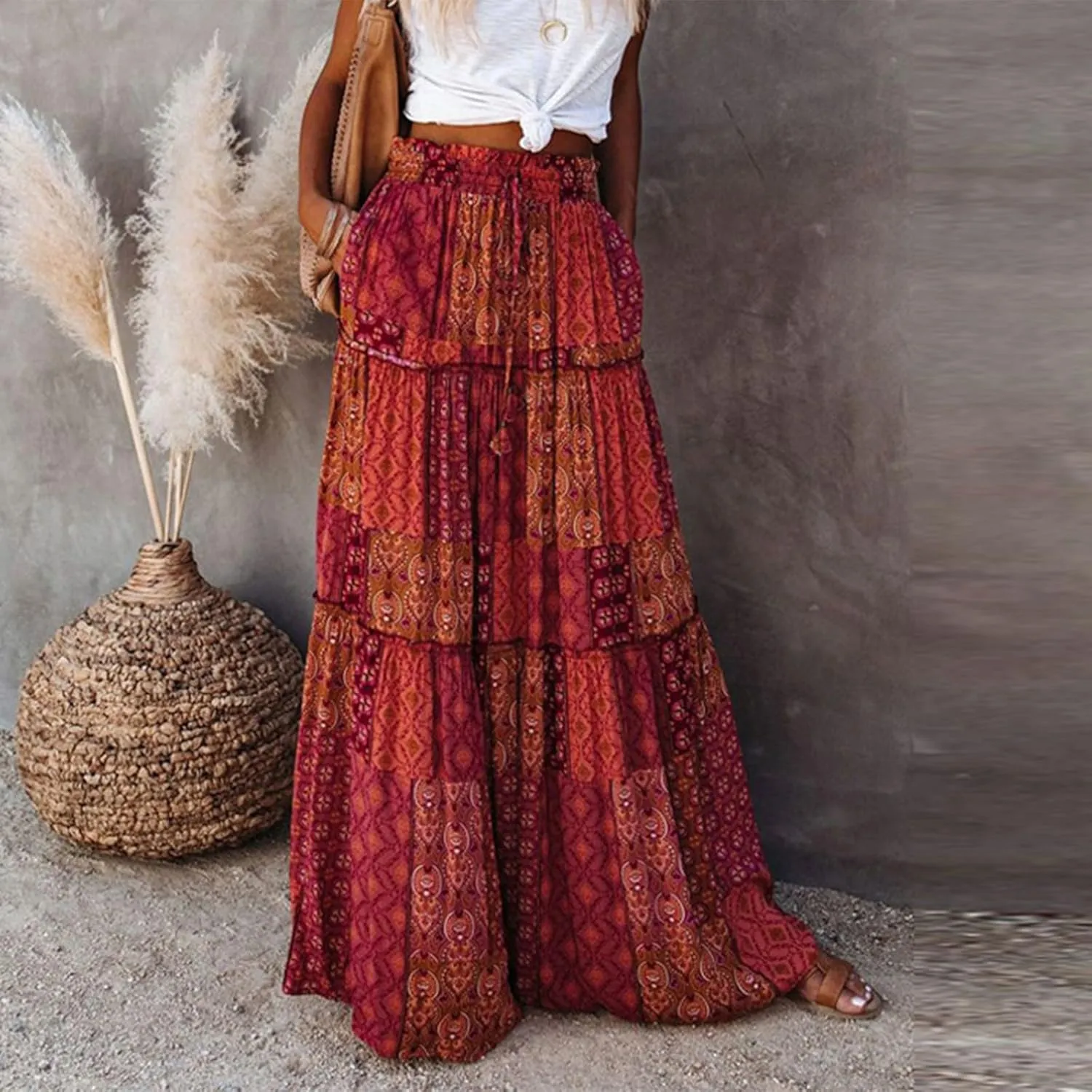 Pleated Skirts for Women,Elastic High Waist Drawstring Boho Flowy Maxi Skirts Trendy 2025 Summer Vacation