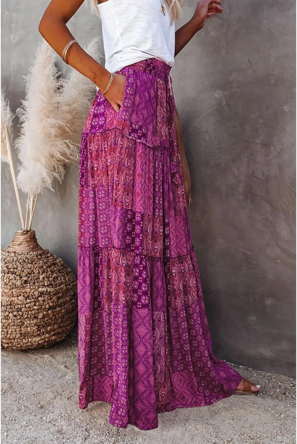 Pleated Skirts for Women,Elastic High Waist Drawstring Boho Flowy Maxi Skirts Trendy 2025 Summer Vacation