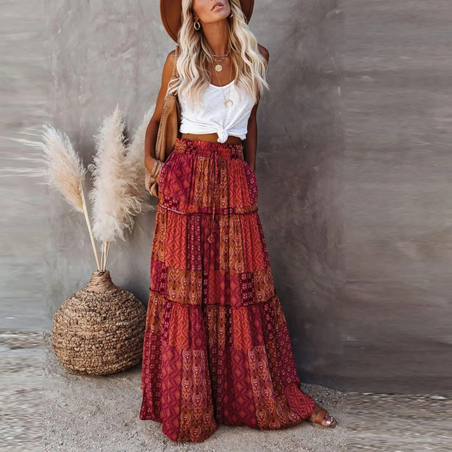 Pleated Skirts for Women,Elastic High Waist Drawstring Boho Flowy Maxi Skirts Trendy 2025 Summer Vacation