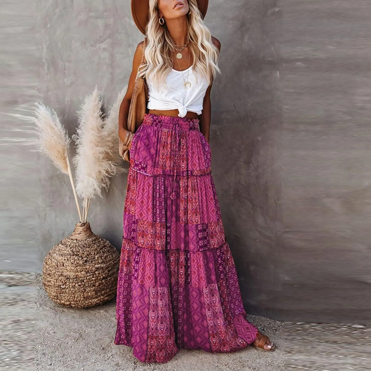 Pleated Skirts for Women,Elastic High Waist Drawstring Boho Flowy Maxi Skirts Trendy 2025 Summer Vacation