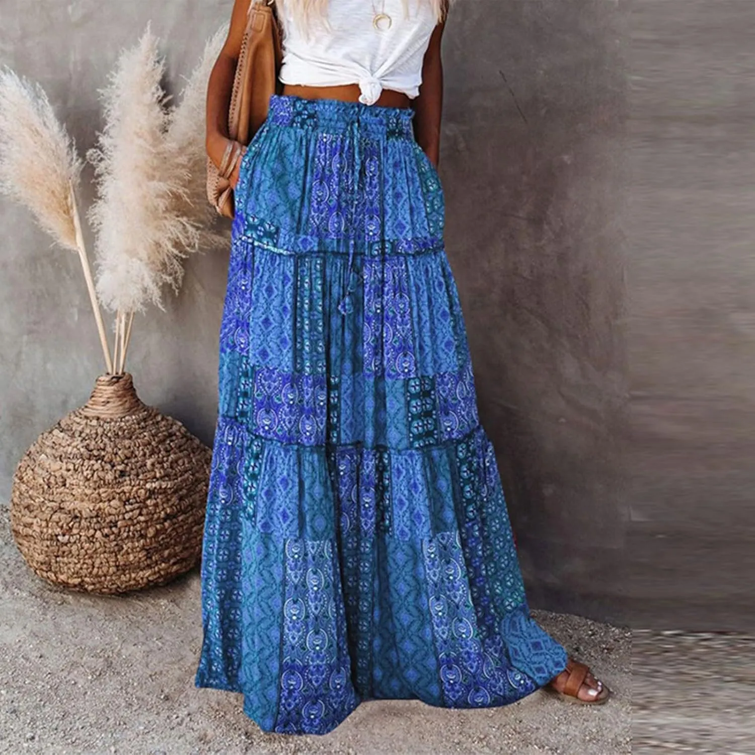 Pleated Skirts for Women,Elastic High Waist Drawstring Boho Flowy Maxi Skirts Trendy 2025 Summer Vacation