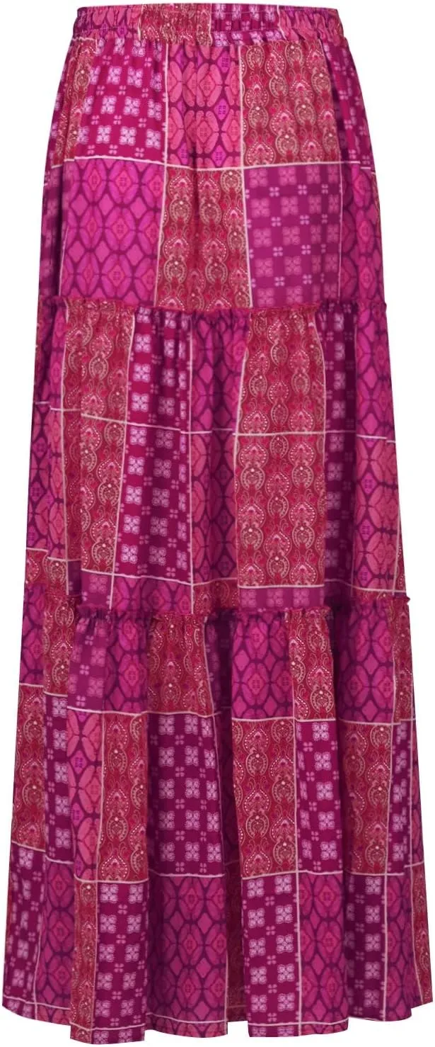 Pleated Skirts for Women,Elastic High Waist Drawstring Boho Flowy Maxi Skirts Trendy 2025 Summer Vacation