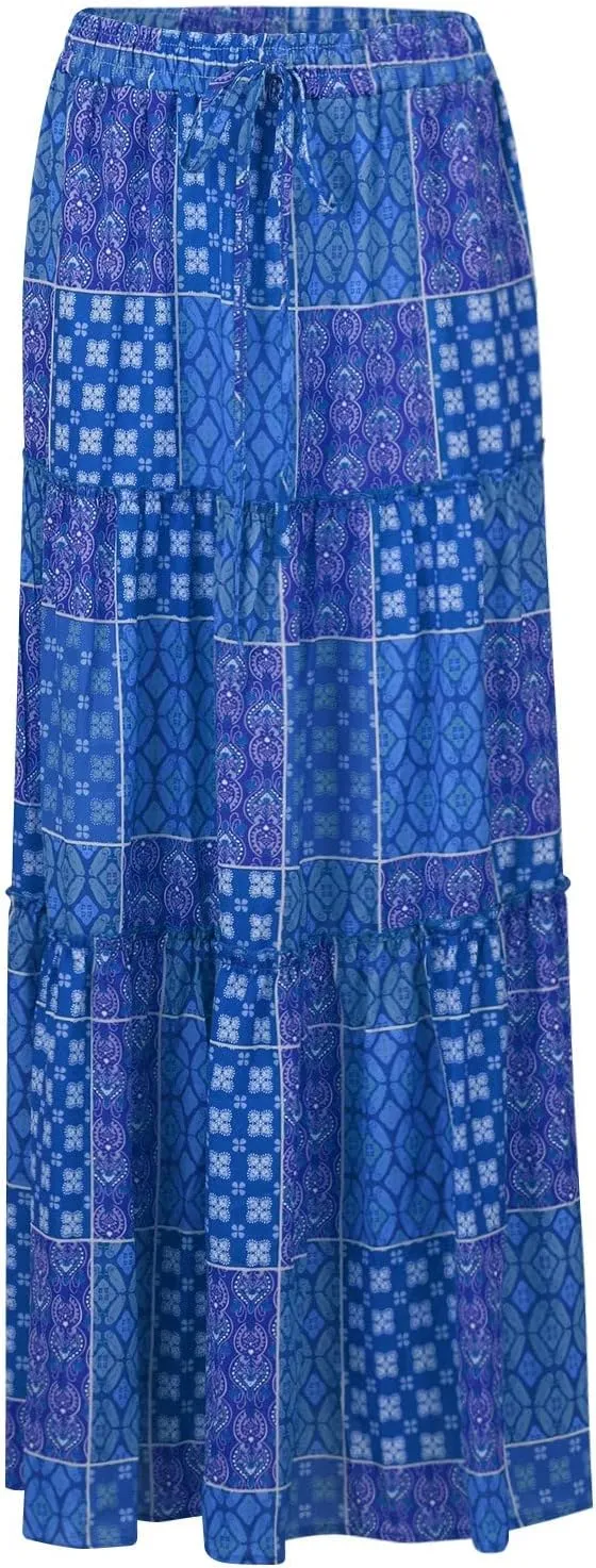Pleated Skirts for Women,Elastic High Waist Drawstring Boho Flowy Maxi Skirts Trendy 2025 Summer Vacation