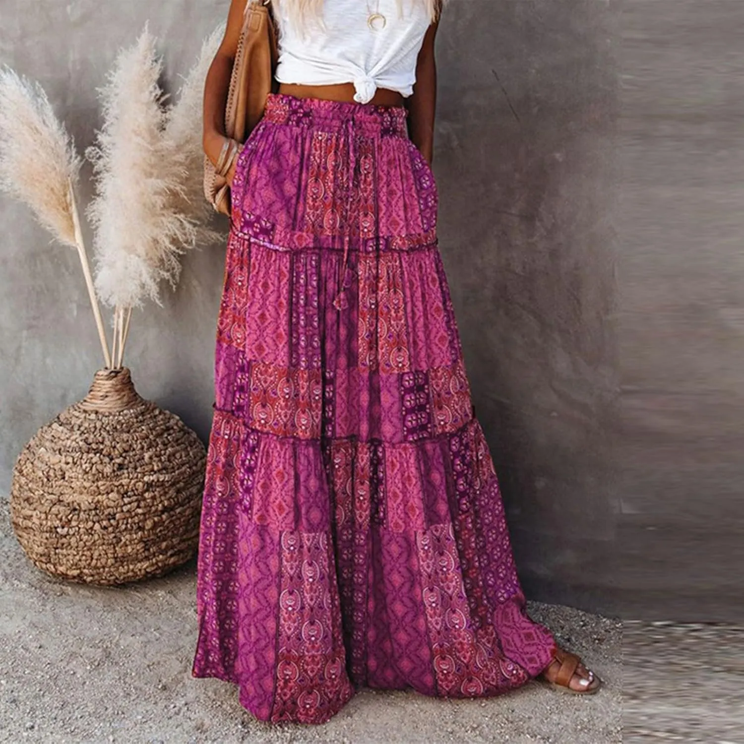 Pleated Skirts for Women,Elastic High Waist Drawstring Boho Flowy Maxi Skirts Trendy 2025 Summer Vacation