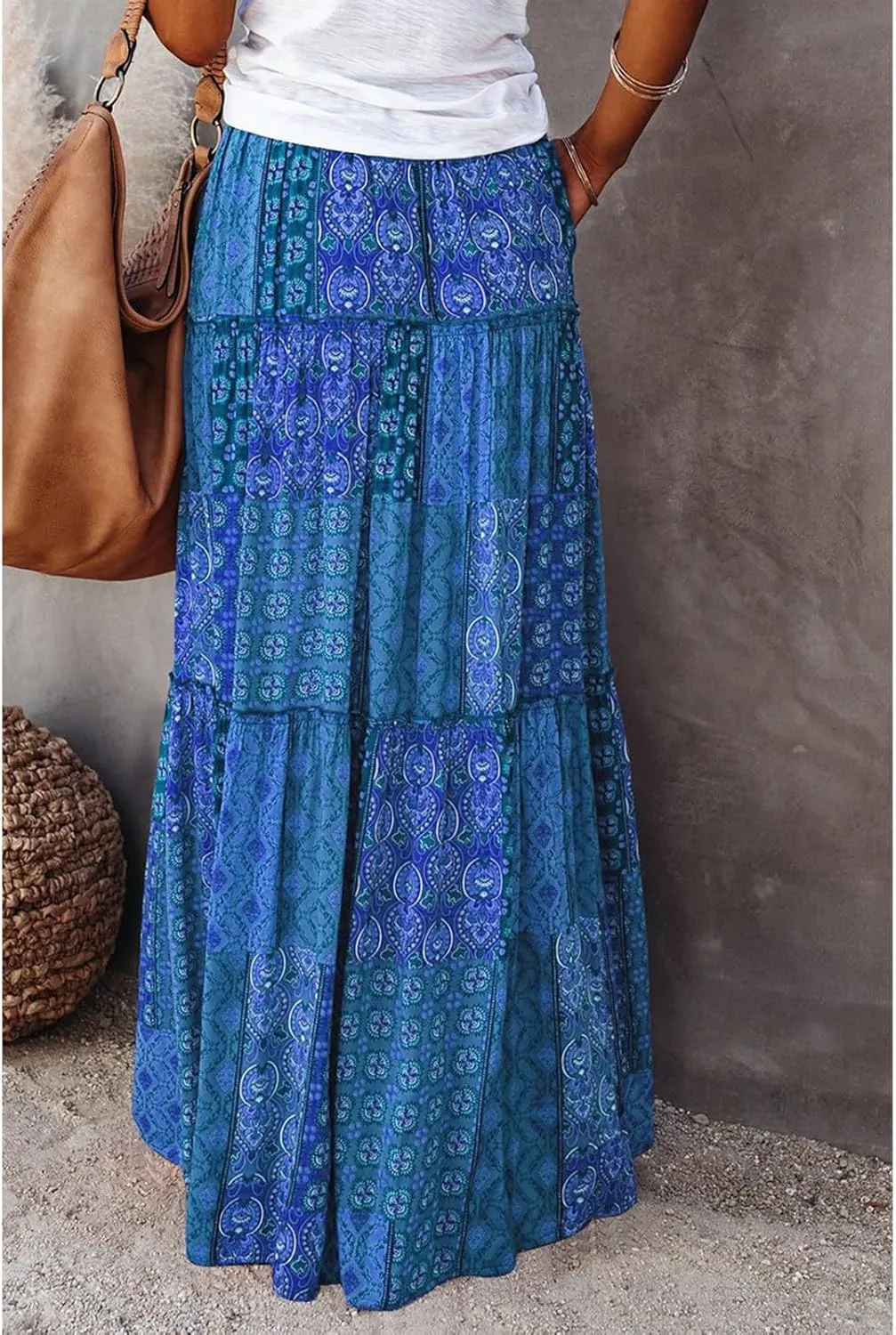 Pleated Skirts for Women,Elastic High Waist Drawstring Boho Flowy Maxi Skirts Trendy 2025 Summer Vacation