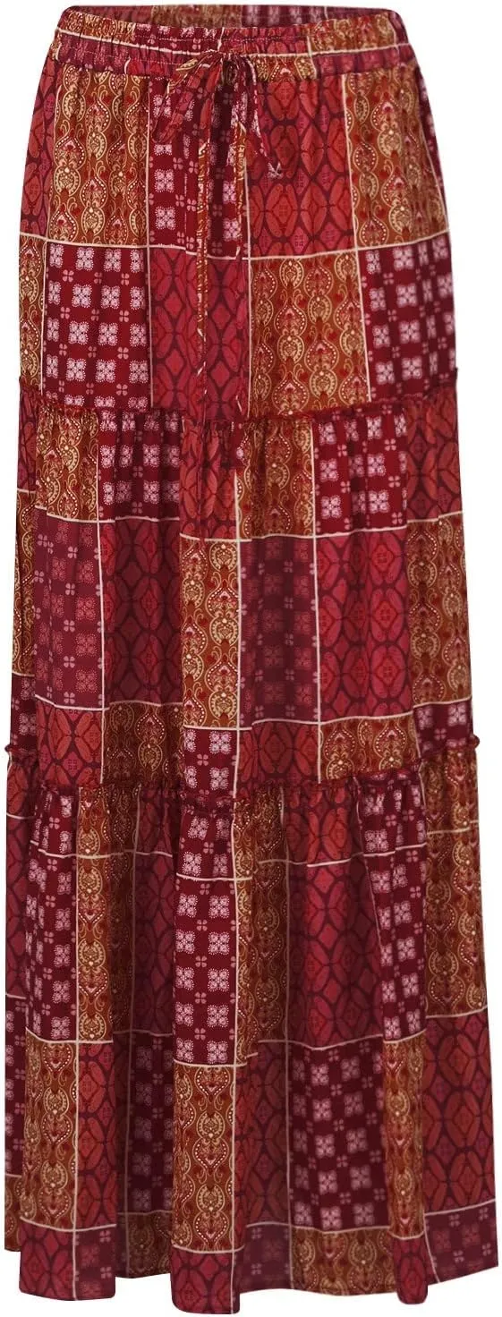 Pleated Skirts for Women,Elastic High Waist Drawstring Boho Flowy Maxi Skirts Trendy 2025 Summer Vacation