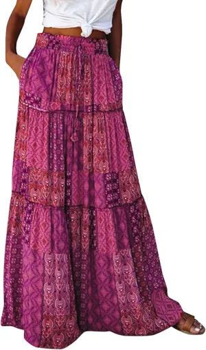 Pleated Skirts for Women,Elastic High Waist Drawstring Boho Flowy Maxi Skirts Trendy 2025 Summer Vacation
