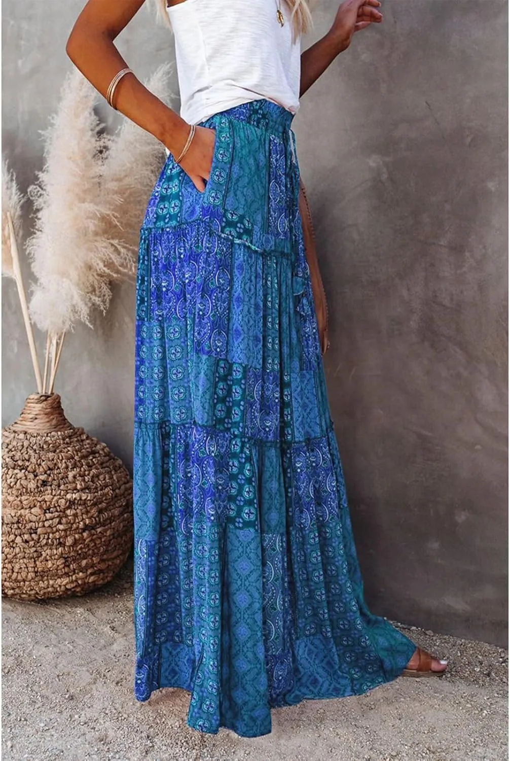 Pleated Skirts for Women,Elastic High Waist Drawstring Boho Flowy Maxi Skirts Trendy 2025 Summer Vacation