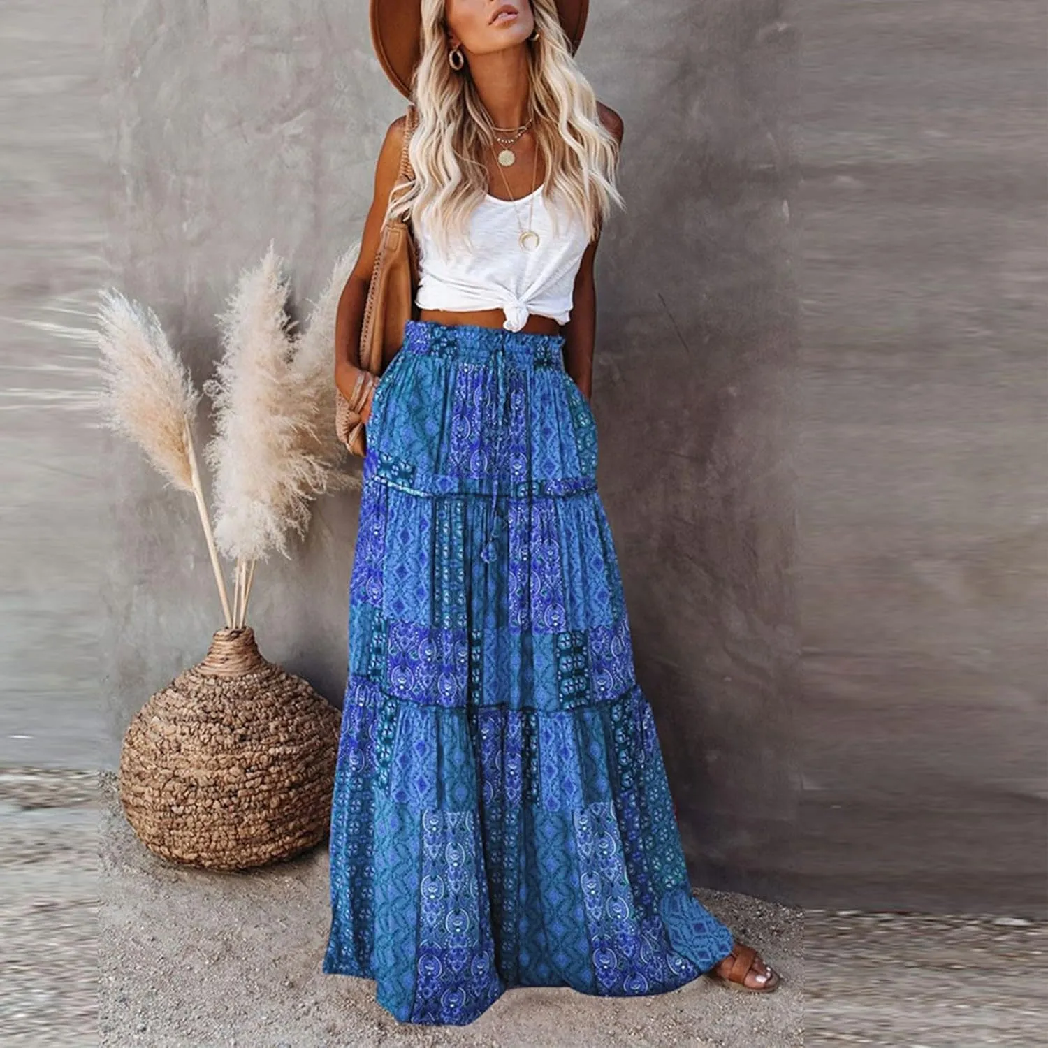 Pleated Skirts for Women,Elastic High Waist Drawstring Boho Flowy Maxi Skirts Trendy 2025 Summer Vacation