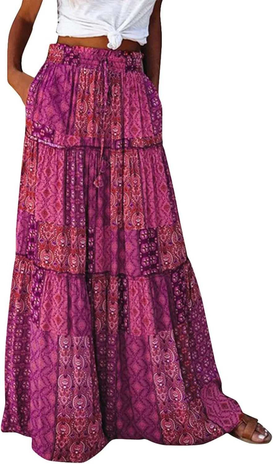 Pleated Skirts for Women,Elastic High Waist Drawstring Boho Flowy Maxi Skirts Trendy 2025 Summer Vacation
