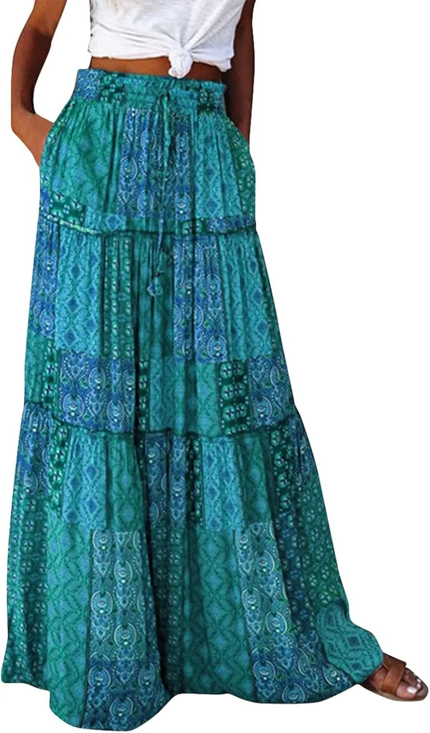 Pleated Skirts for Women,Elastic High Waist Drawstring Boho Flowy Maxi Skirts Trendy 2025 Summer Vacation