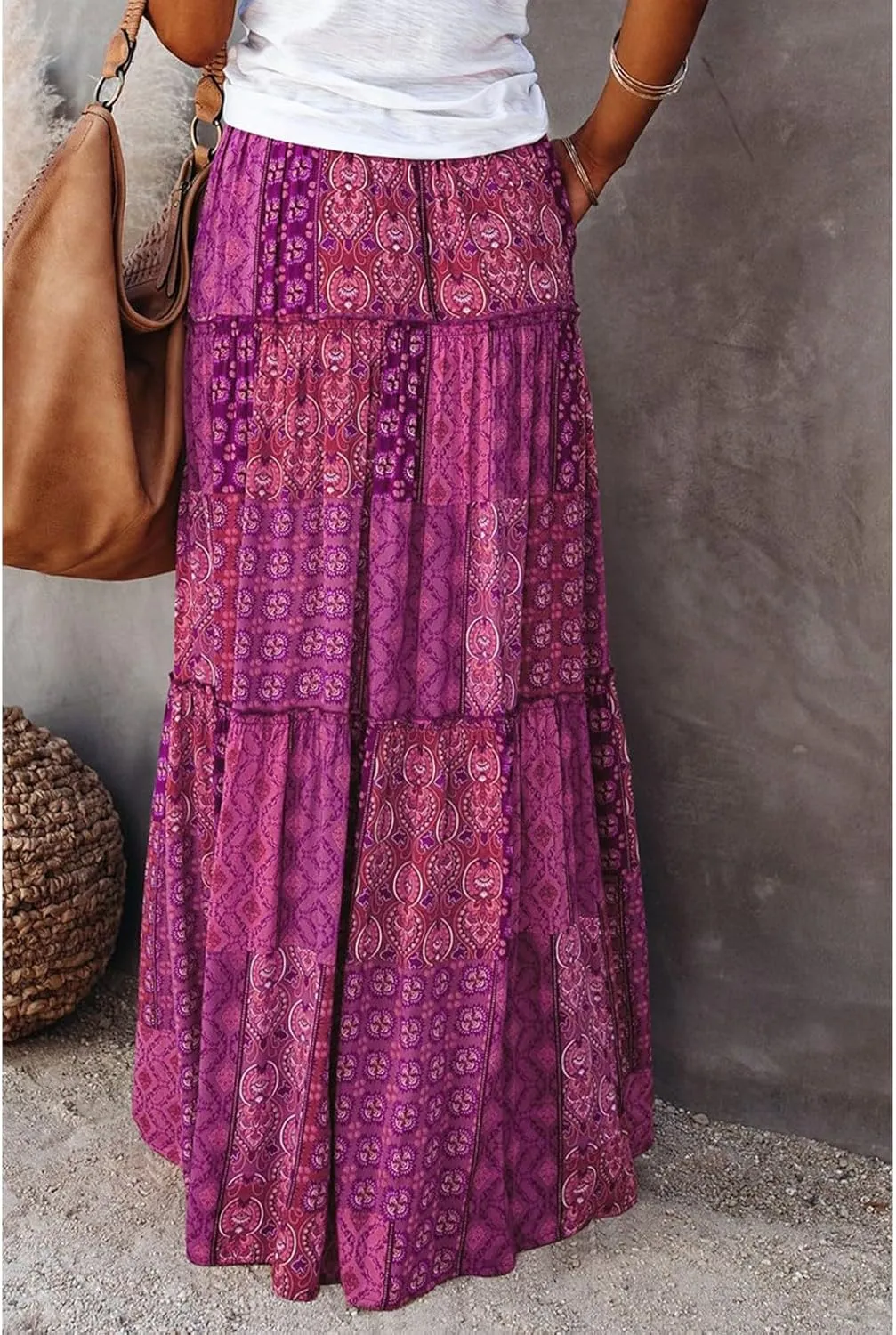 Pleated Skirts for Women,Elastic High Waist Drawstring Boho Flowy Maxi Skirts Trendy 2025 Summer Vacation