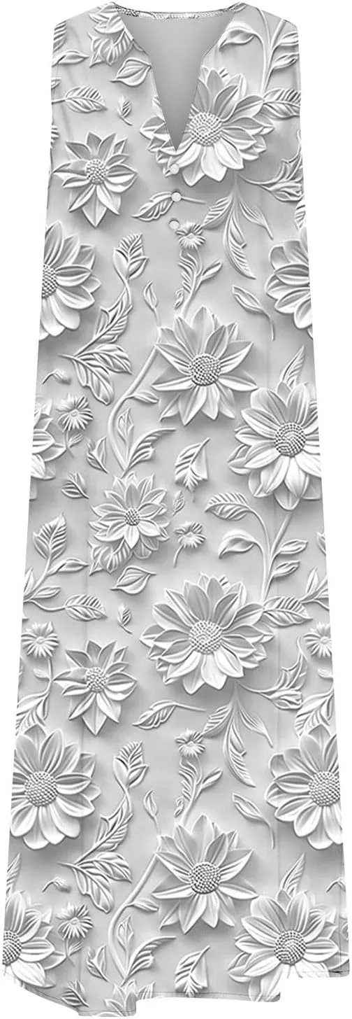 Plus Size 3D Printed Boho Midi Dress Women Sleeveless V Neck Flowy Tank Dresses Summer Casual Beach A-Line Sundress