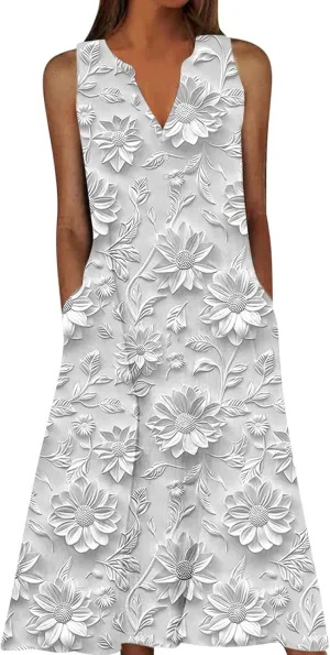 Plus Size 3D Printed Boho Midi Dress Women Sleeveless V Neck Flowy Tank Dresses Summer Casual Beach A-Line Sundress
