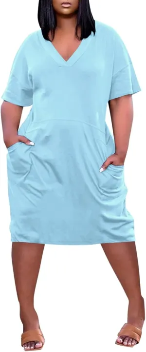 Plus Size Dresses for Curvy Women 2025 Summer Casual Short Sleeve Midi Dress with Pockets A Line T Shirt Beach Vacation Dress