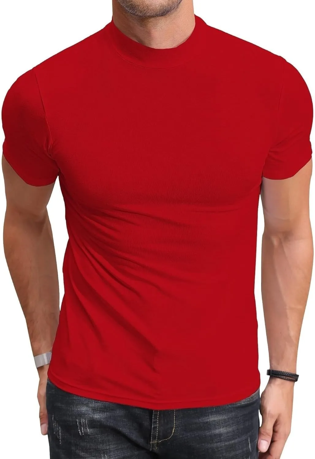 Poriff Men's Casual Mock Turtleneck Pullover Tops Short Sleeve Slim Fit T-Shirts Basic Solid Color Tees