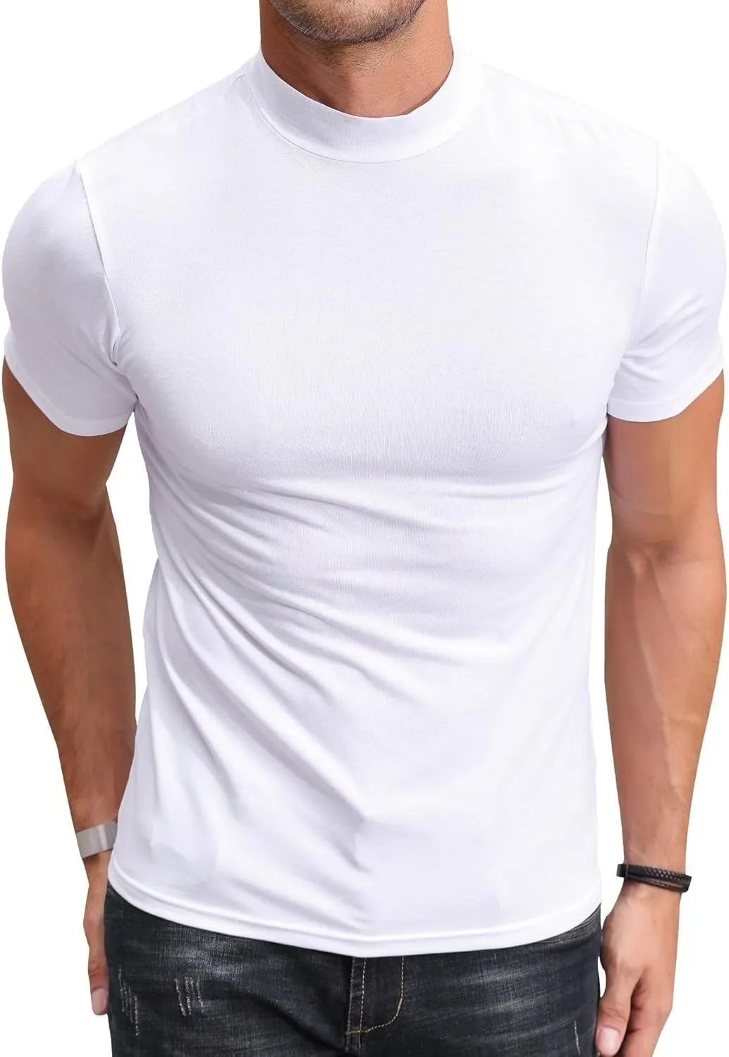 Poriff Men's Casual Mock Turtleneck Pullover Tops Short Sleeve Slim Fit T-Shirts Basic Solid Color Tees