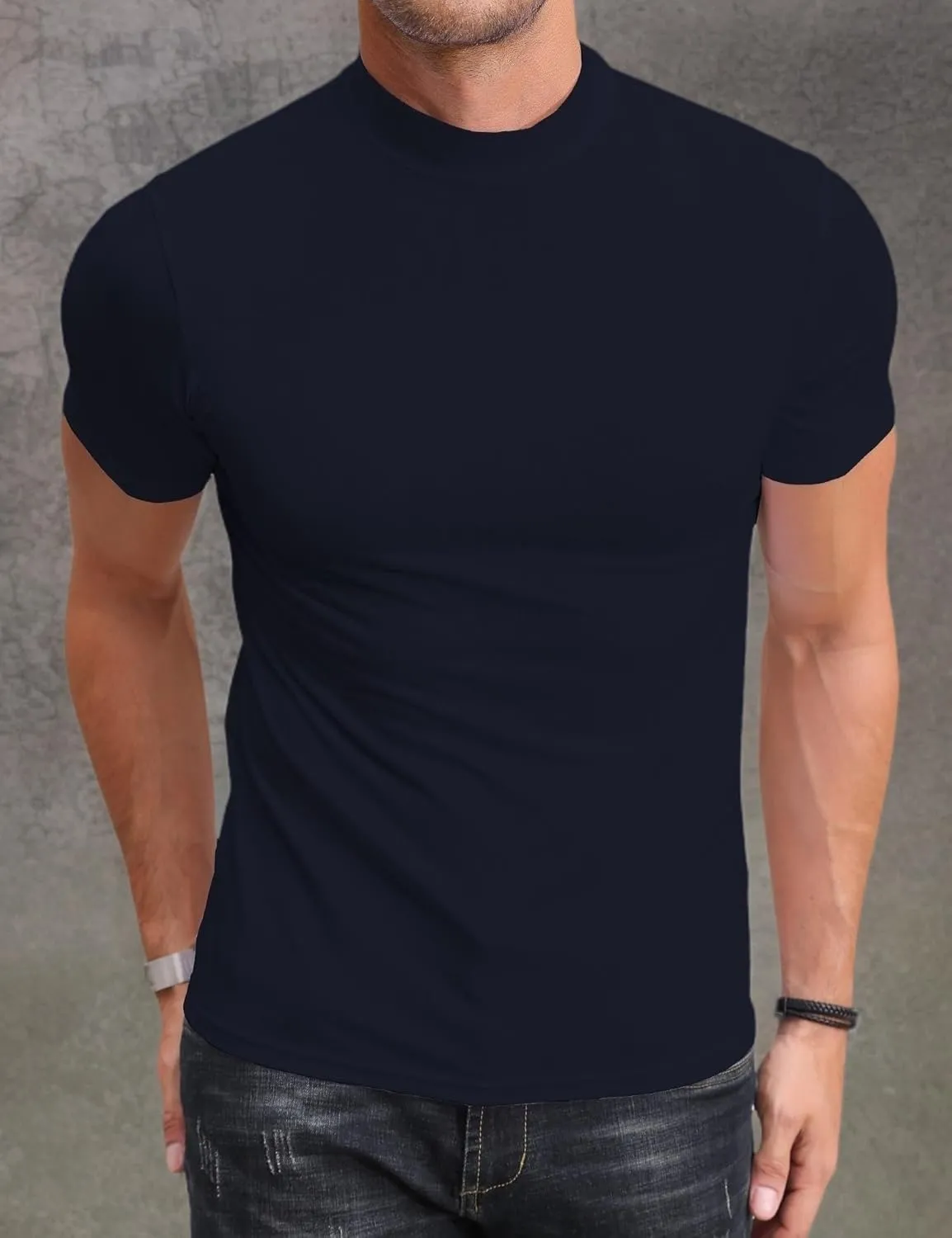 Poriff Men's Casual Mock Turtleneck Pullover Tops Short Sleeve Slim Fit T-Shirts Basic Solid Color Tees