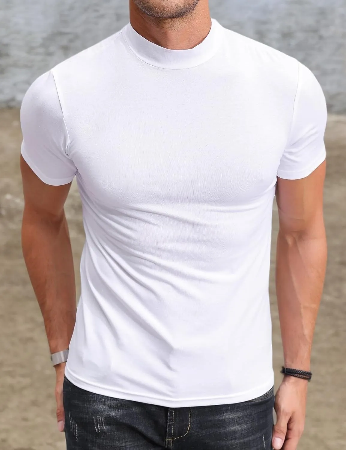 Poriff Men's Casual Mock Turtleneck Pullover Tops Short Sleeve Slim Fit T-Shirts Basic Solid Color Tees