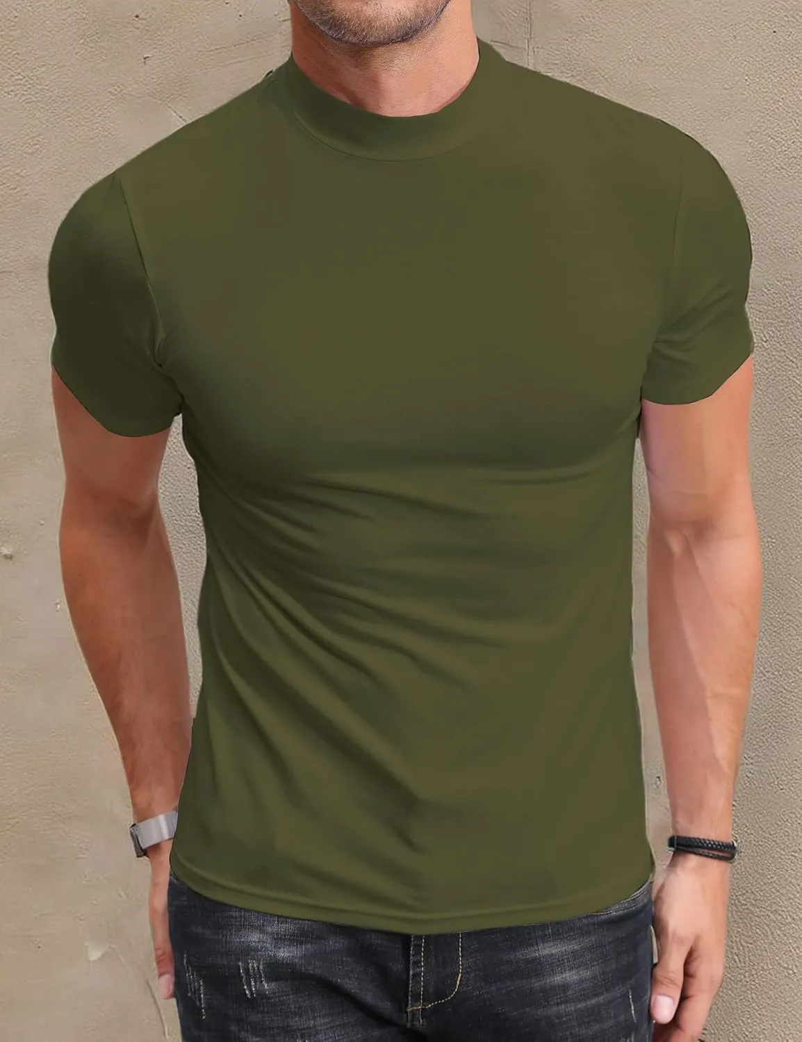 Poriff Men's Casual Mock Turtleneck Pullover Tops Short Sleeve Slim Fit T-Shirts Basic Solid Color Tees