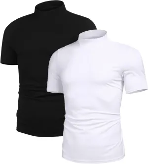 Poriff Men's Casual Mock Turtleneck Pullover Tops Short Sleeve Slim Fit T-Shirts Basic Solid Color Tees