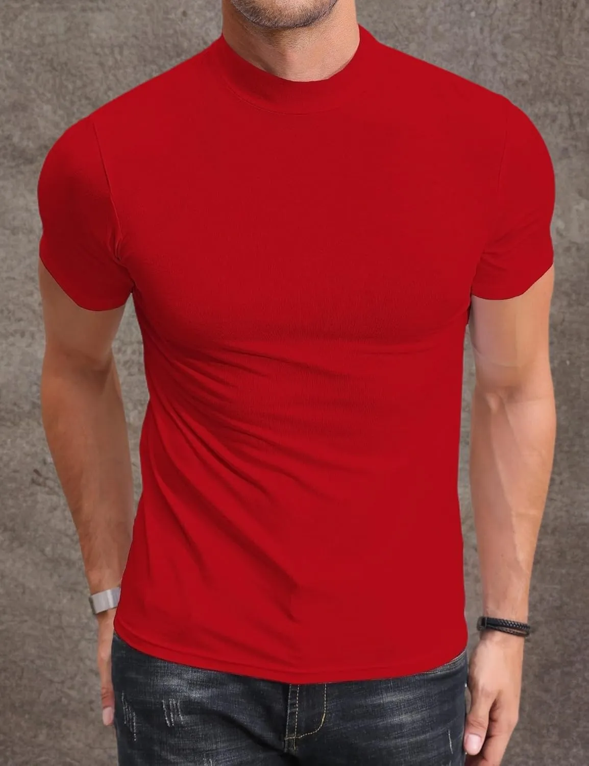 Poriff Men's Casual Mock Turtleneck Pullover Tops Short Sleeve Slim Fit T-Shirts Basic Solid Color Tees
