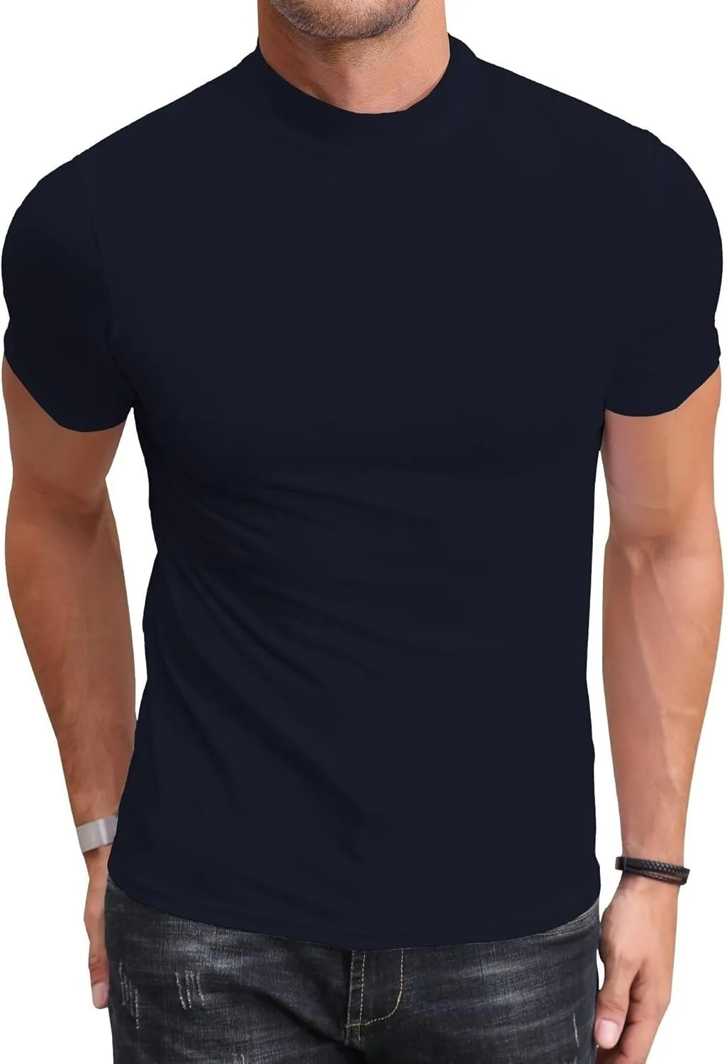 Poriff Men's Casual Mock Turtleneck Pullover Tops Short Sleeve Slim Fit T-Shirts Basic Solid Color Tees
