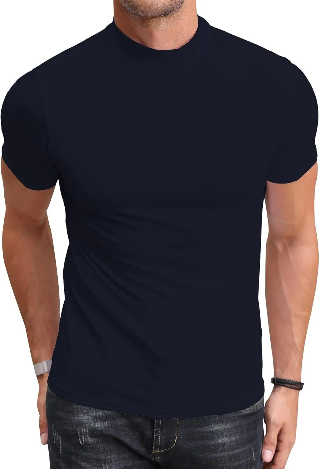 Poriff Men's Casual Mock Turtleneck Pullover Tops Short Sleeve Slim Fit T-Shirts Basic Solid Color Tees