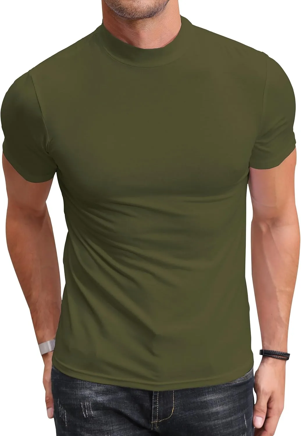 Poriff Men's Casual Mock Turtleneck Pullover Tops Short Sleeve Slim Fit T-Shirts Basic Solid Color Tees