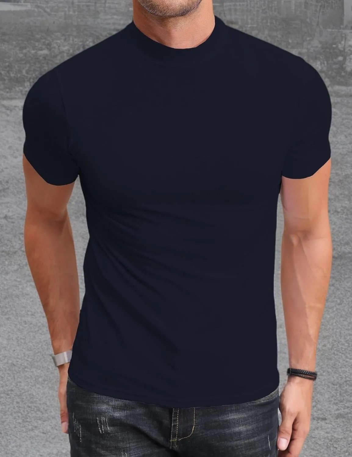 Poriff Men's Casual Mock Turtleneck Pullover Tops Short Sleeve Slim Fit T-Shirts Basic Solid Color Tees