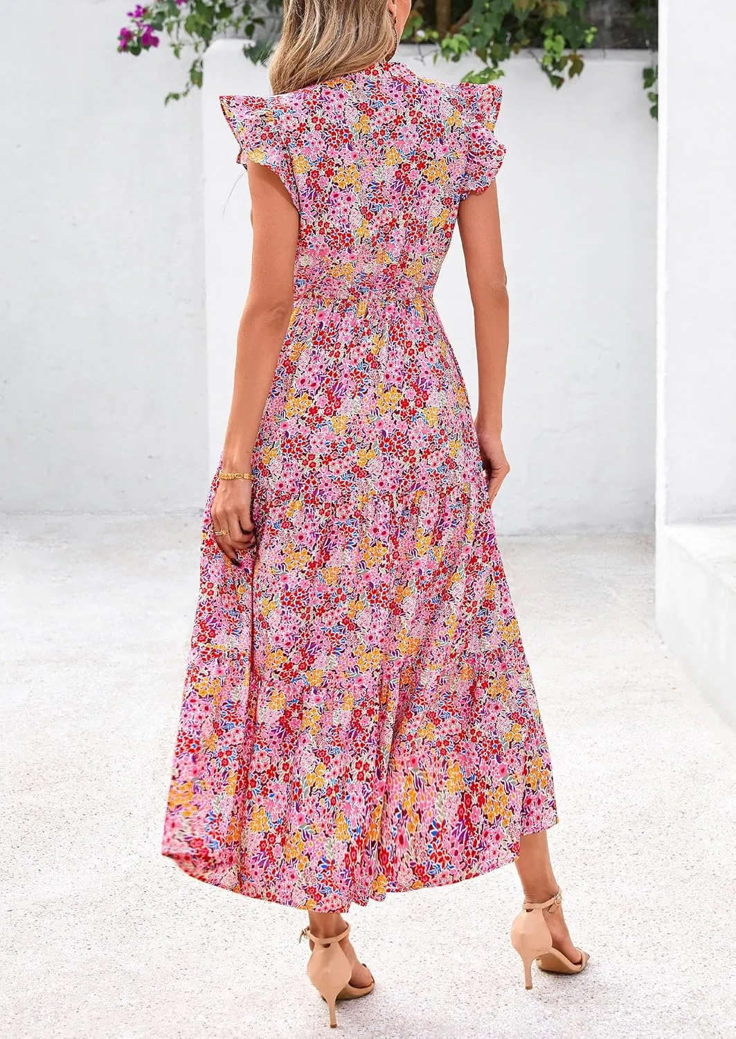 PRETTYGARDEN Women's 2025 Summer Floral Midi Dress Cap Sleeve V Neck Ruffle Long Flowy Boho Casual Beach Vacation Dresses