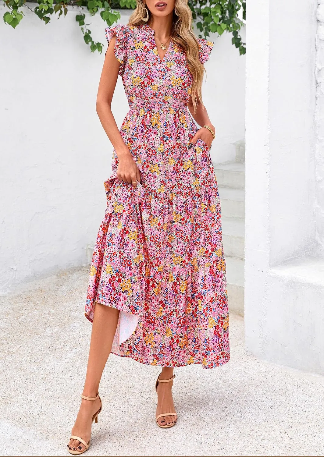 PRETTYGARDEN Women's 2025 Summer Floral Midi Dress Cap Sleeve V Neck Ruffle Long Flowy Boho Casual Beach Vacation Dresses