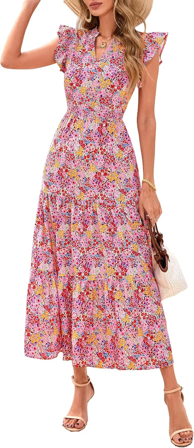 PRETTYGARDEN Women's 2025 Summer Floral Midi Dress Cap Sleeve V Neck Ruffle Long Flowy Boho Casual Beach Vacation Dresses