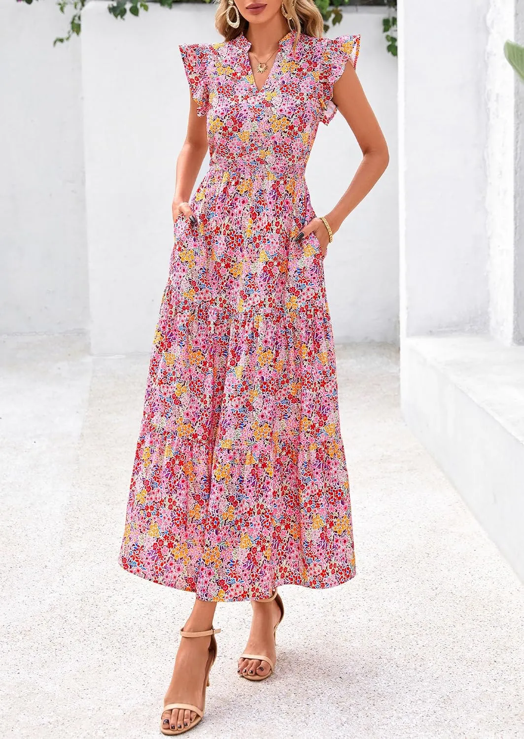 PRETTYGARDEN Women's 2025 Summer Floral Midi Dress Cap Sleeve V Neck Ruffle Long Flowy Boho Casual Beach Vacation Dresses