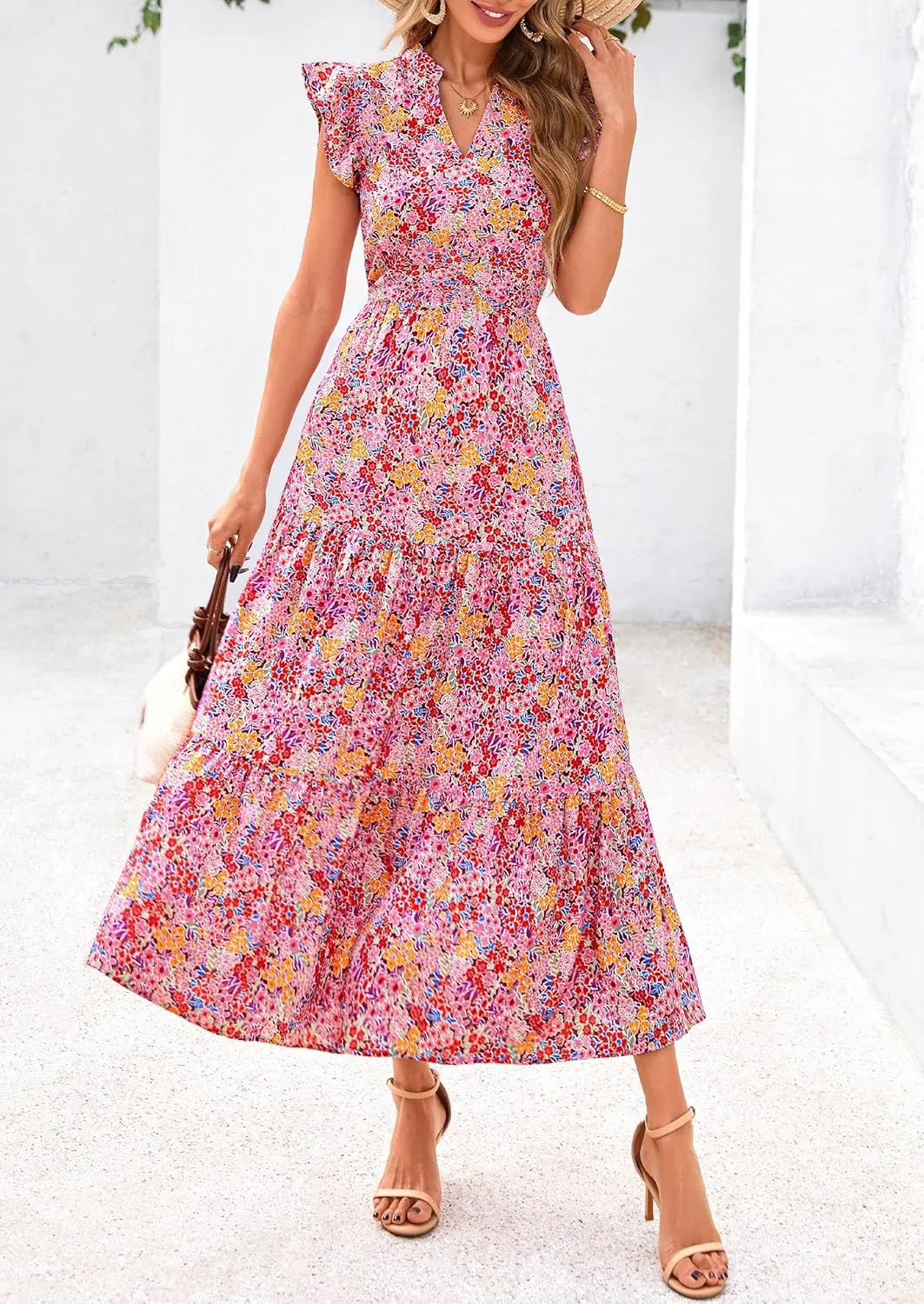 PRETTYGARDEN Women's 2025 Summer Floral Midi Dress Cap Sleeve V Neck Ruffle Long Flowy Boho Casual Beach Vacation Dresses