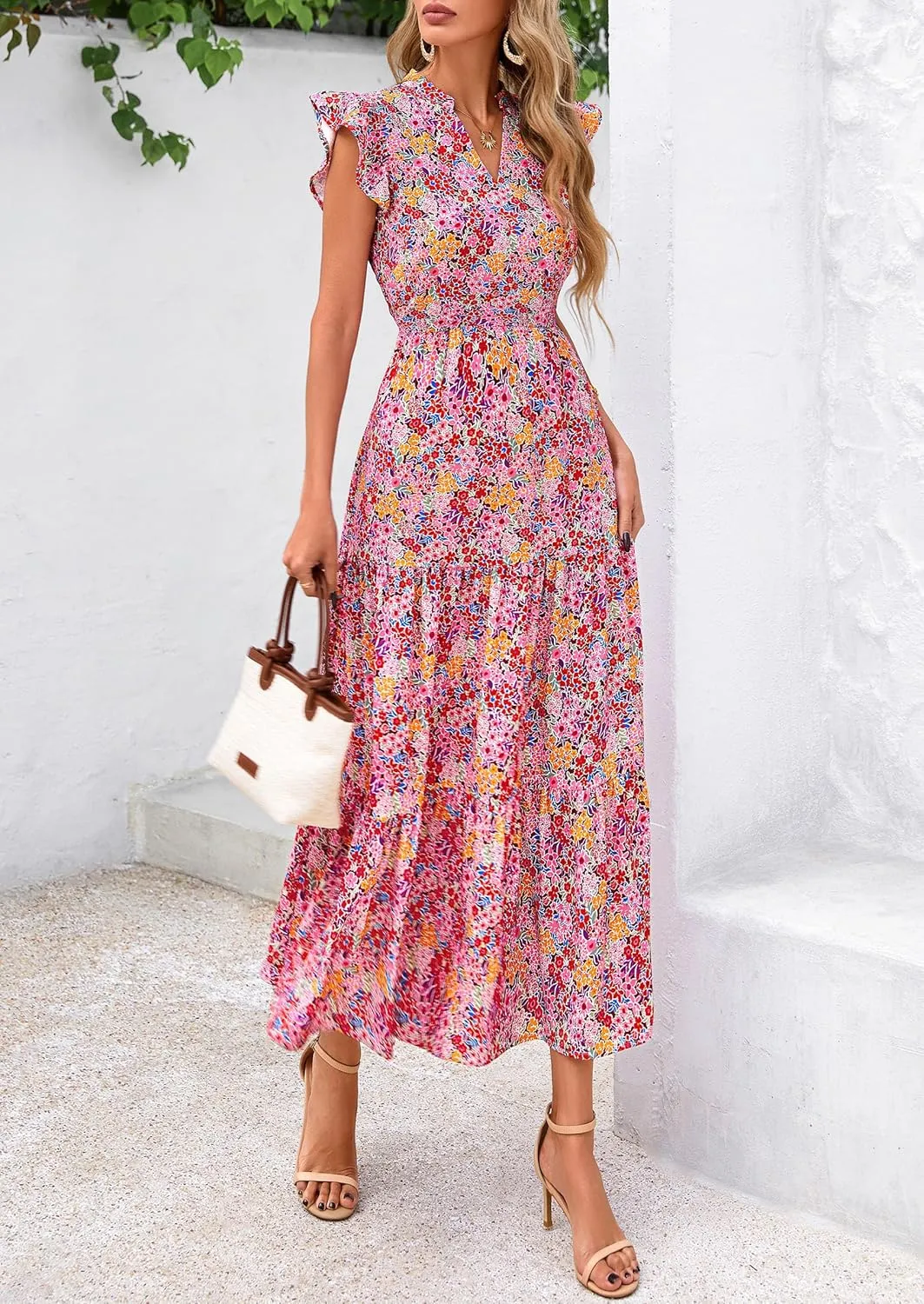 PRETTYGARDEN Women's 2025 Summer Floral Midi Dress Cap Sleeve V Neck Ruffle Long Flowy Boho Casual Beach Vacation Dresses